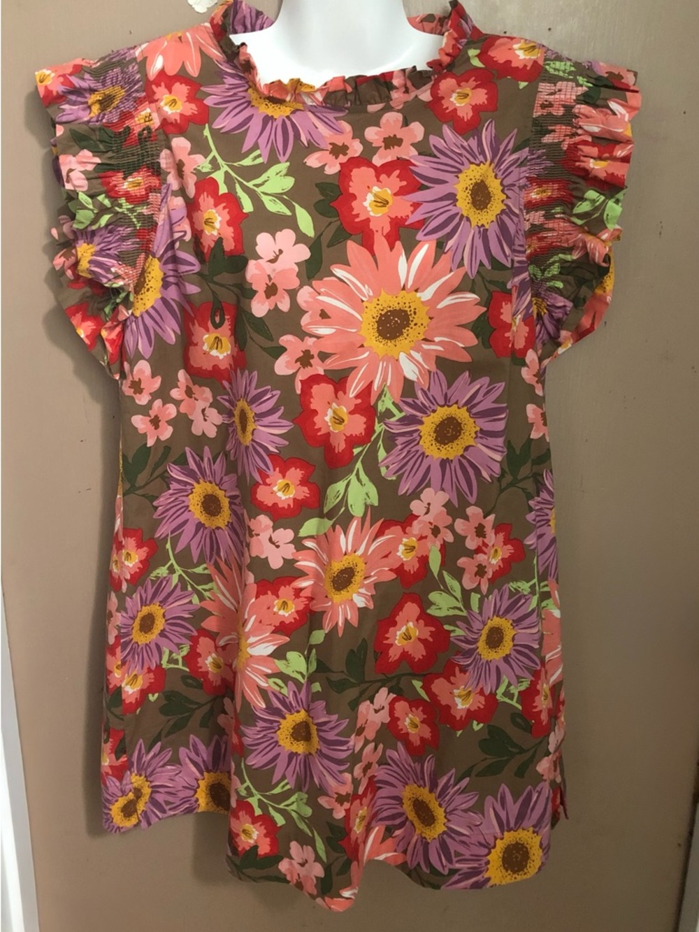 Jodifl Floral Print Dress Ruffled Neckline & Smocked Sleeves Size L - Picture 2 of 7